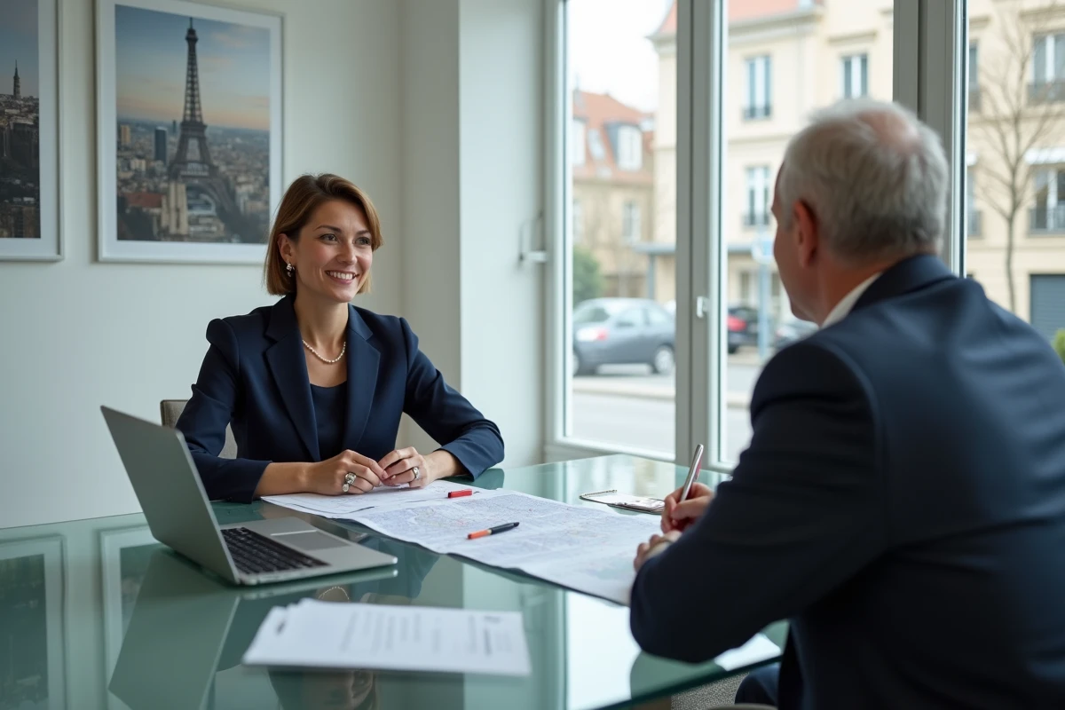 Conseillère en patrimoine immobilier présentant une stratégie de viager libre à un client dans une agence moderne en Île-de-France
