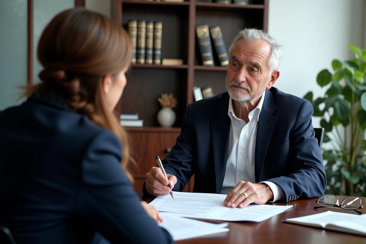 Conseillère financière expliquant une simulation de viager à un client senior dans un bureau notarial