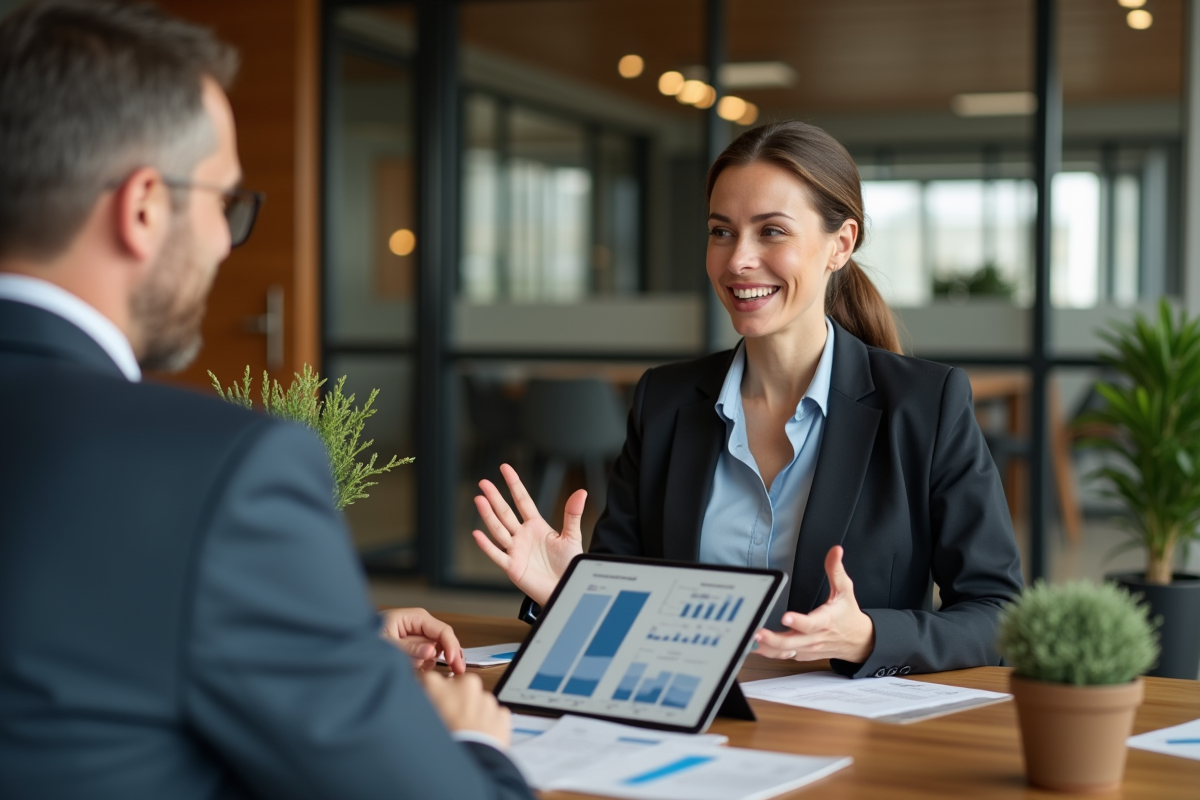 Conseillère en prêt immobilier expliquant des options à des clients