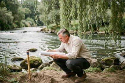 Architecte étudiant des plans de construction au bord d'un cours d'eau en zone naturelle protégée