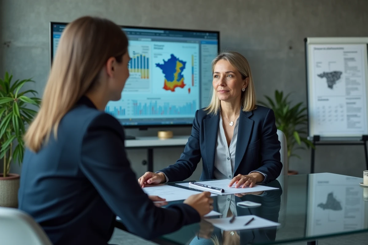Consultante immobilière analysant des tendances foncières sur un écran de données interactif dans un bureau analytique contemporain