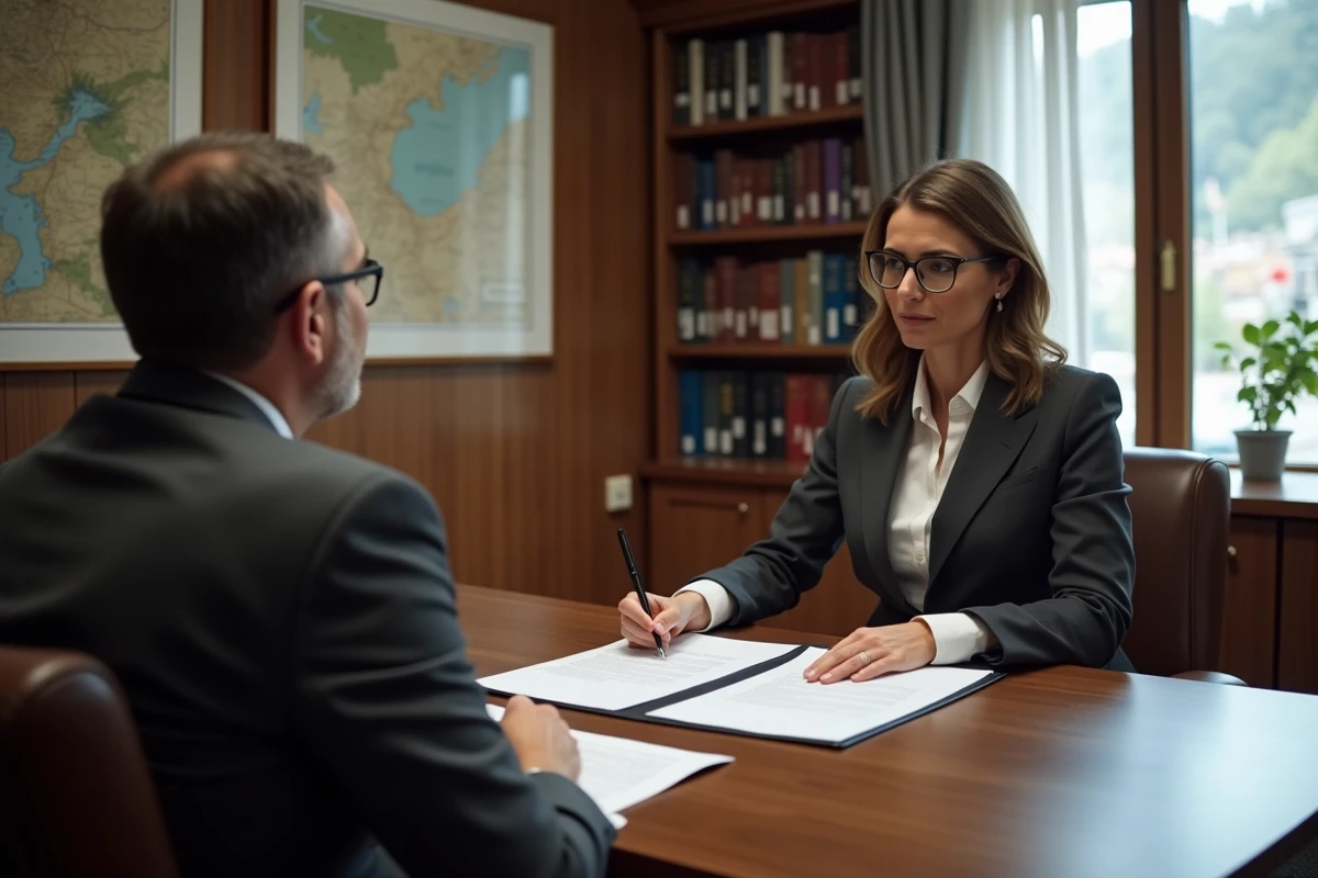 Femme non-résidente signant un contrat immobilier avec un conseiller juridique dans un bureau professionnel en Andorre