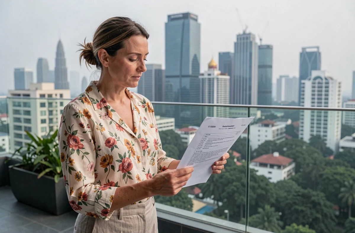 Femme expatriée lisant un contrat immobilier sur une terrasse de condominium avec vue sur les gratte-ciels de Bangkok en arrière-plan