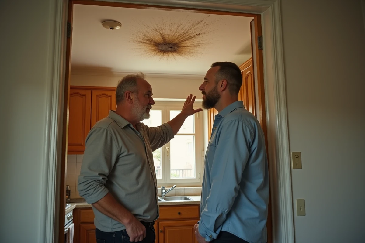 Deux copropriétaires discutant d'une infiltration d'eau visible au plafond d'une cuisine en appartement