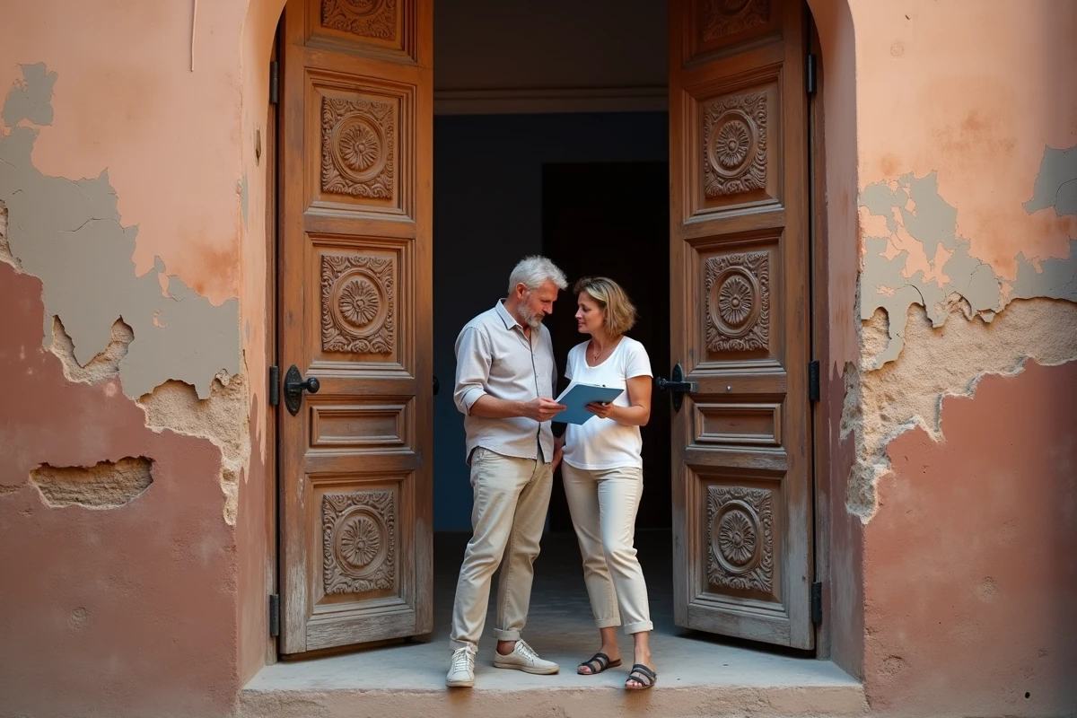 Couple d'acheteurs européens examinant un riad à vendre dans la médina de Marrakech avant les travaux