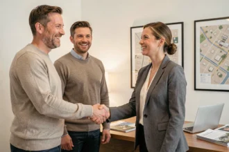 Couple signant un accord avec une agent immobilière dans une agence moderne et accueillante
