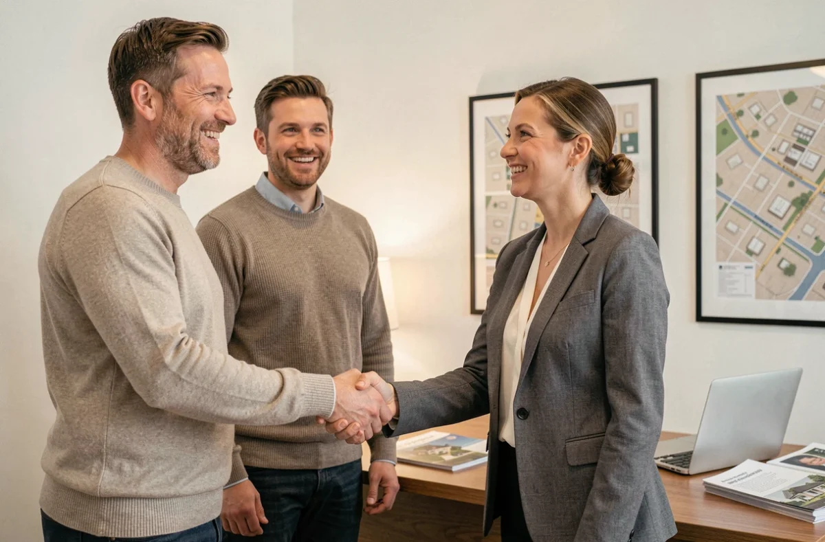 Couple signant un accord avec une agent immobilière dans une agence moderne et accueillante