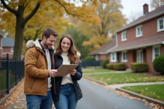 Jeune couple dans une rue résidentielle accueillante