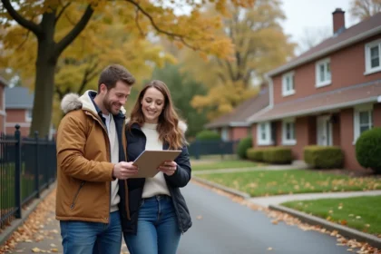 Jeune couple dans une rue résidentielle accueillante