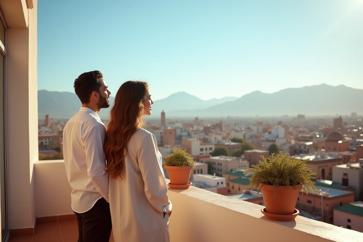 Couple de primo-accédants sur le balcon de leur appartement à Guéliz avec vue sur Marrakech
