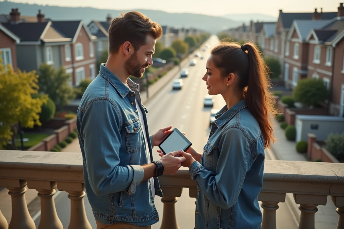 Jeune couple consulte des annonces de location sur une tablette en balcon