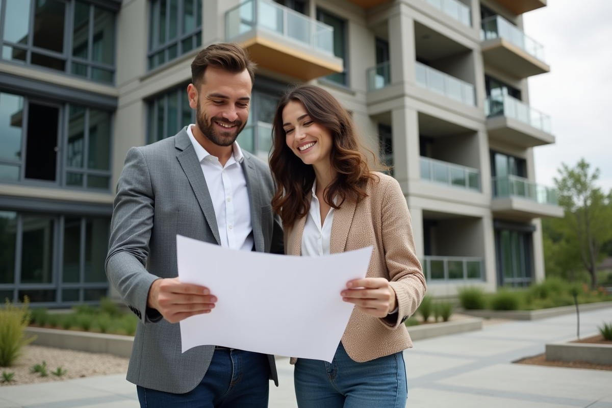 Jeune couple regardant des plans de construction en extérieur