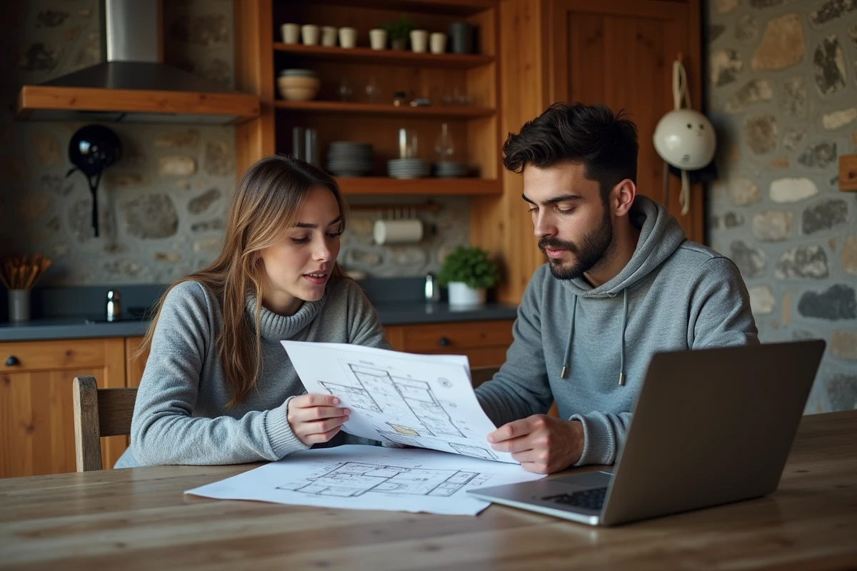 Couple étudiant les plans d'un appartement en location à la Croisette des Menuires dans un chalet savoyard