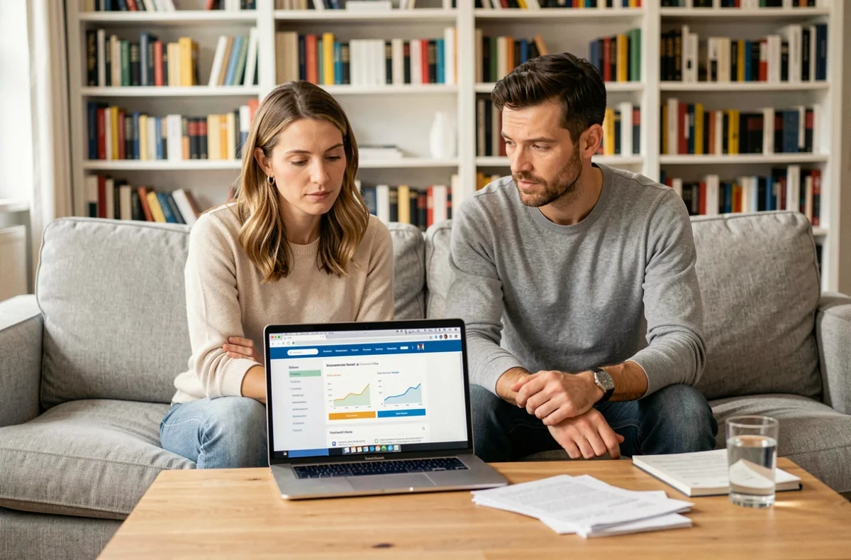 Couple comparant les offres d'assurance habitation pas chère sur ordinateur portable dans leur salon