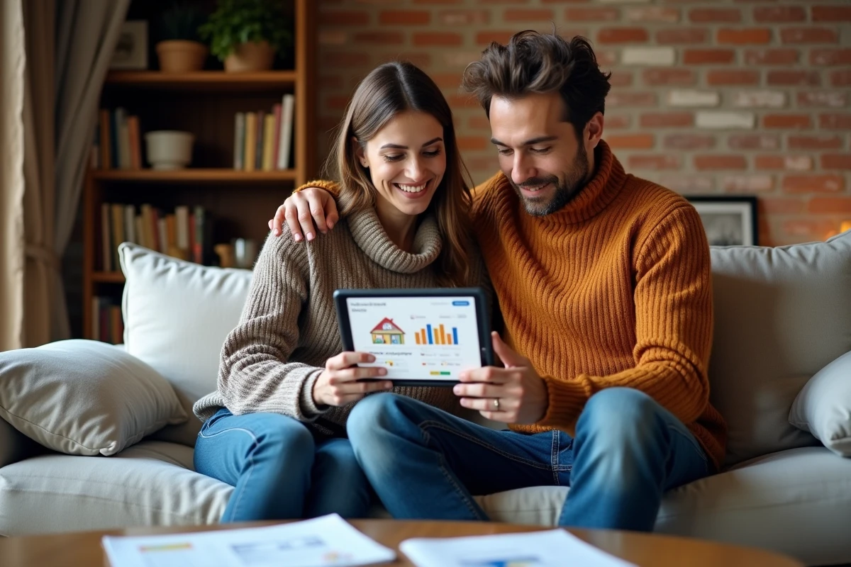 Couple comparant une estimation immobilière gratuite en ligne et des annonces d'agences classiques depuis leur salon