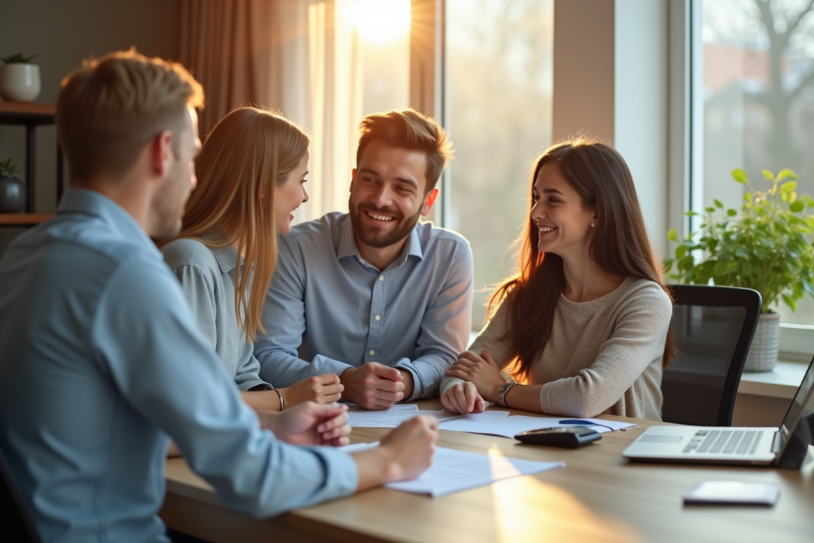 Jeune couple discutant avec un conseiller financier pour un prêt