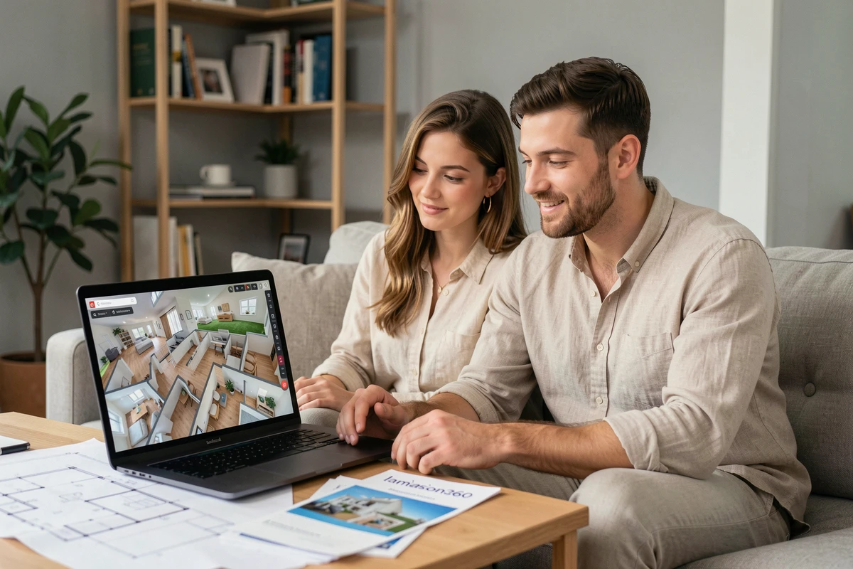 Couple consultant les tarifs d'une visite virtuelle 360° pour leur maison de 100 m² sur ordinateur