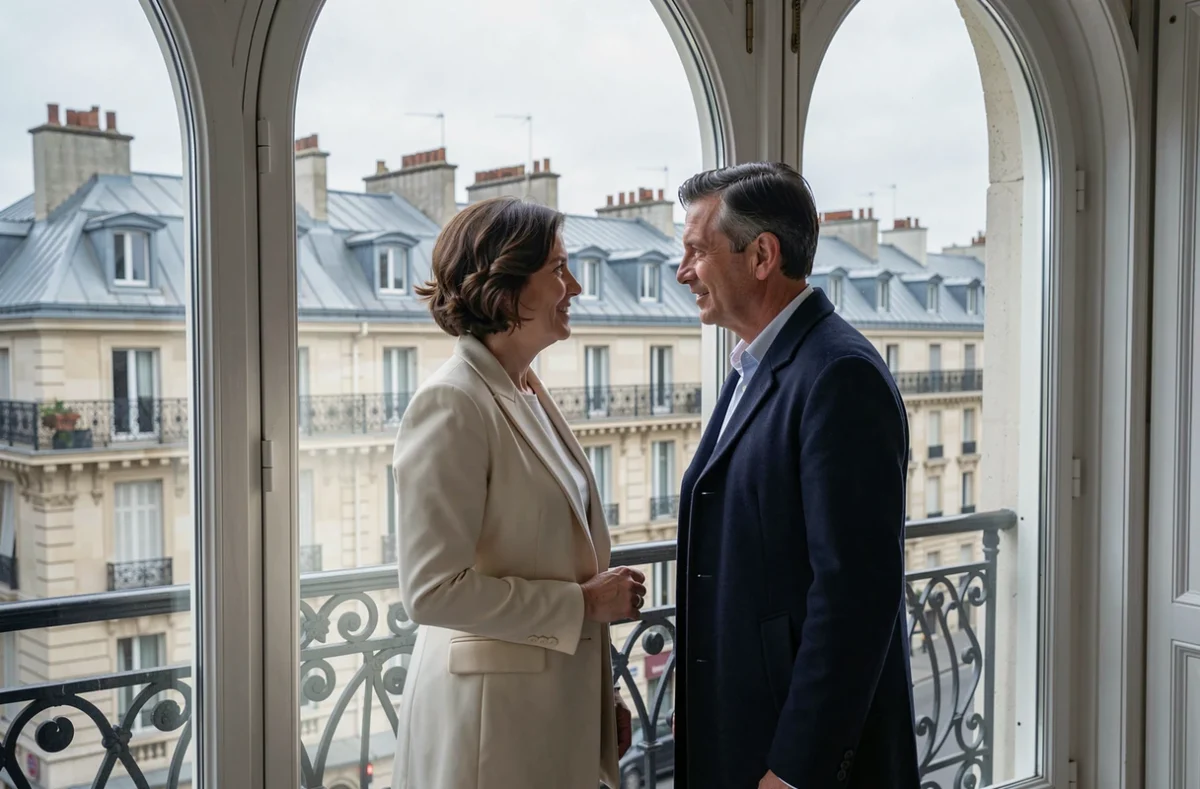 Couple regardant la vue depuis le balcon d'un appartement haussmannien avec façades parisiennes en arrière-plan