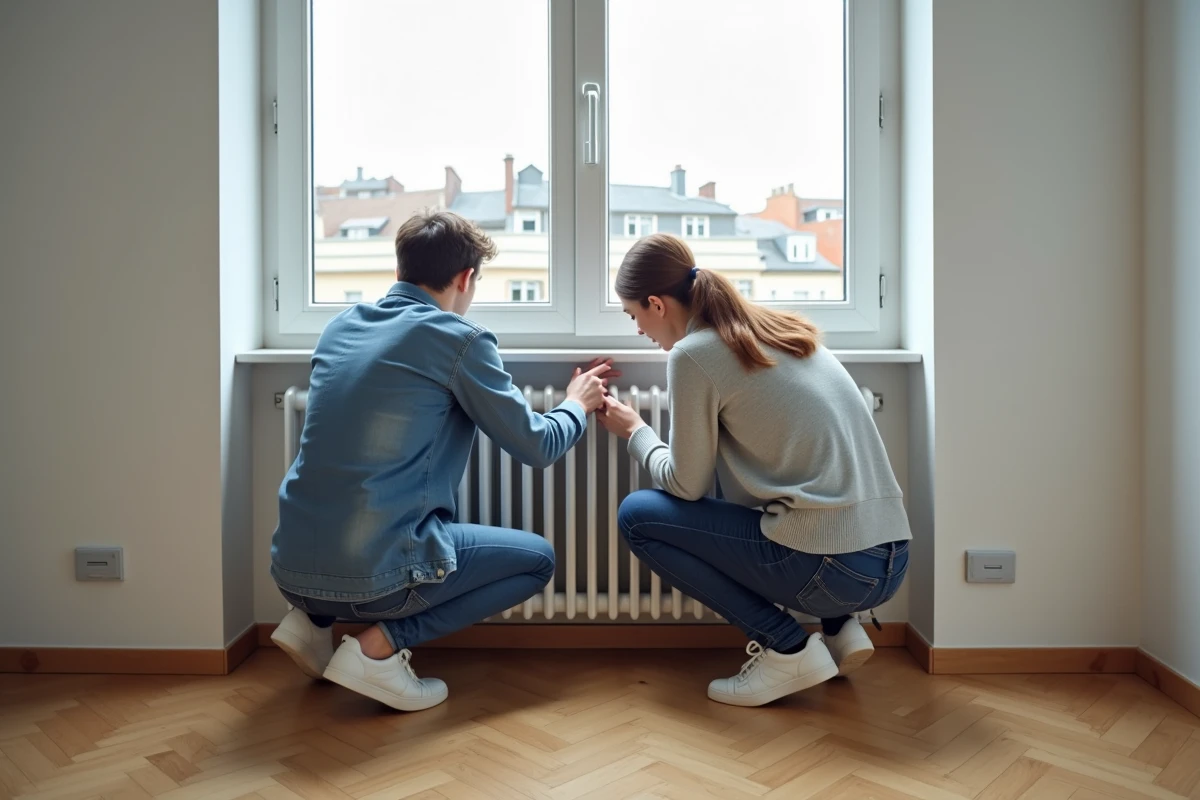 Jeune couple vérifiant un radiateur dans un appartement vacant à Toulouse