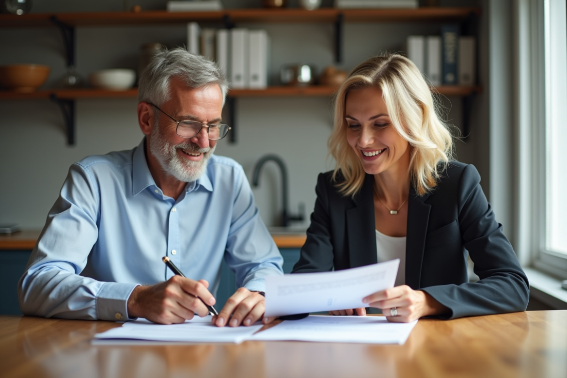 Couple d'adultes lisant des documents immobiliers dans un appartement