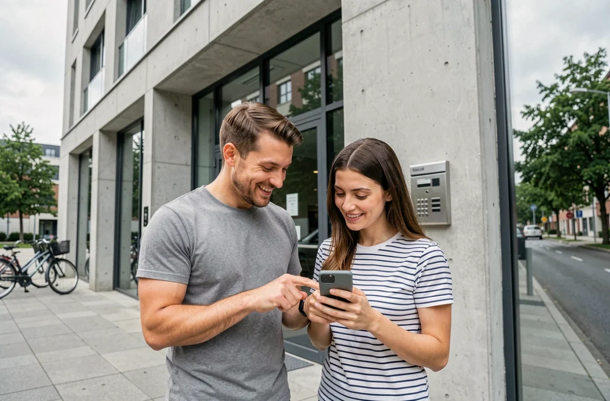 Couple de nouveaux locataires devant leur immeuble consultant l'application Inli sur smartphone pour gérer leur location