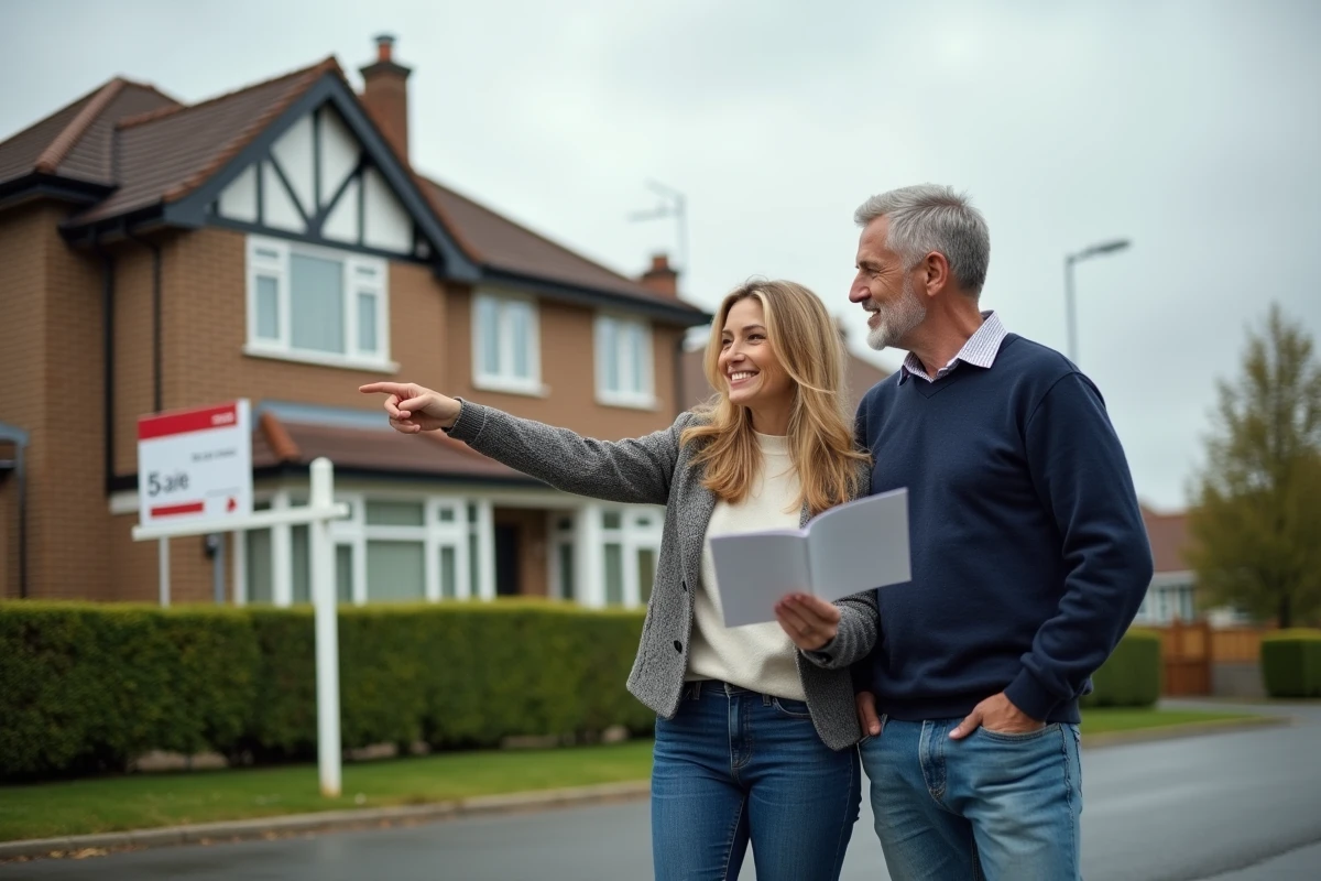 Couple devant une maison en location-accession avec option d'achat dans un quartier résidentiel