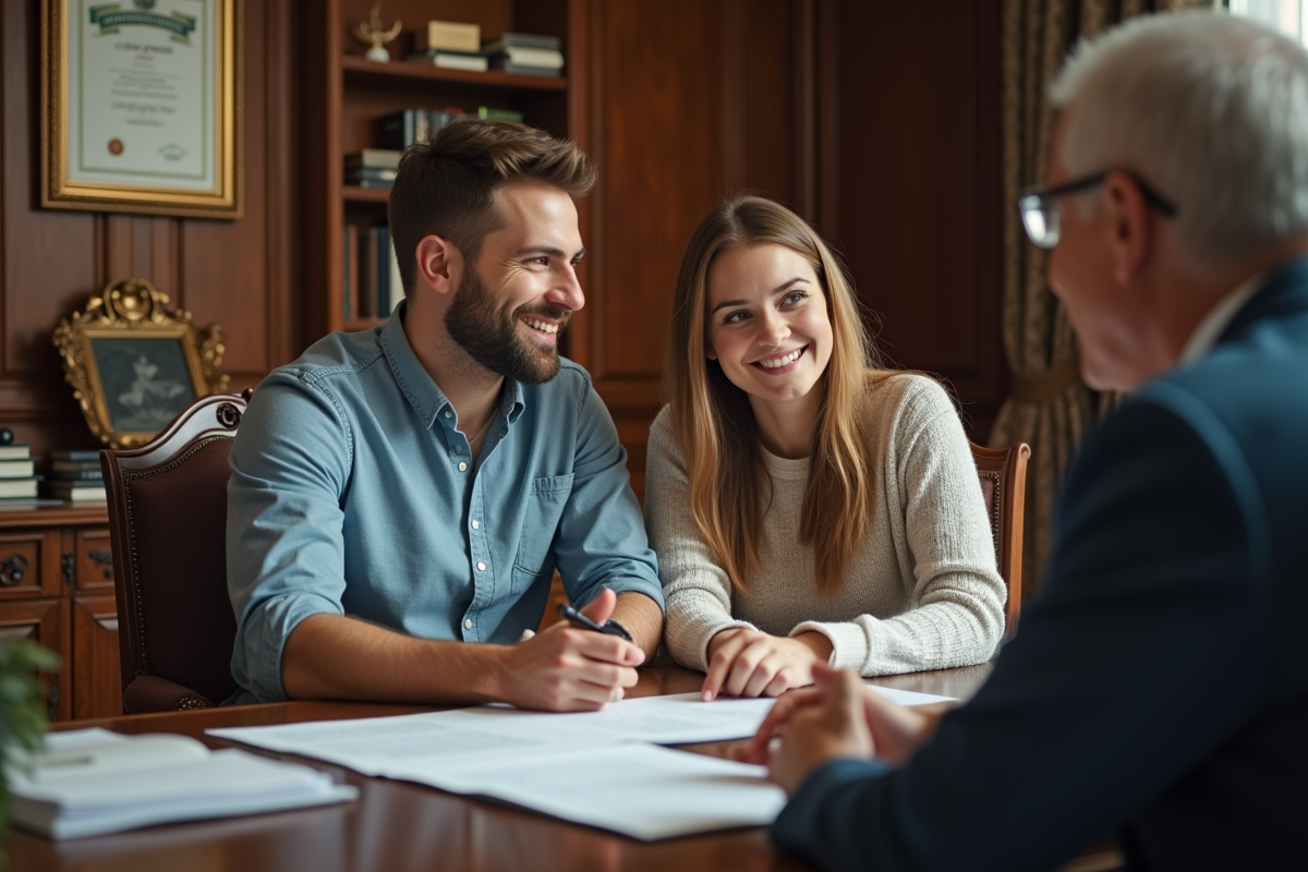 Jeune couple discutant avec un notaire dans un bureau