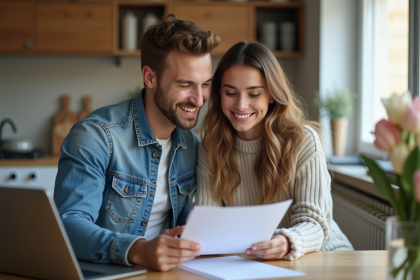 Jeune couple discutant de l'assurance habitation à la maison