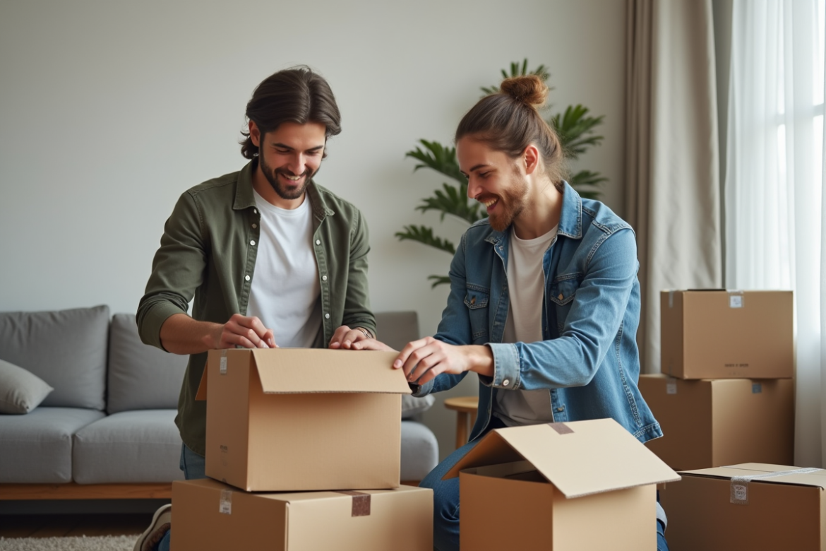 Jeune couple organisant des cartons dans un appartement moderne