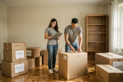 Couple en train de préparer un déménagement dans un salon avec des cartons étiquetés et une liste de tâches