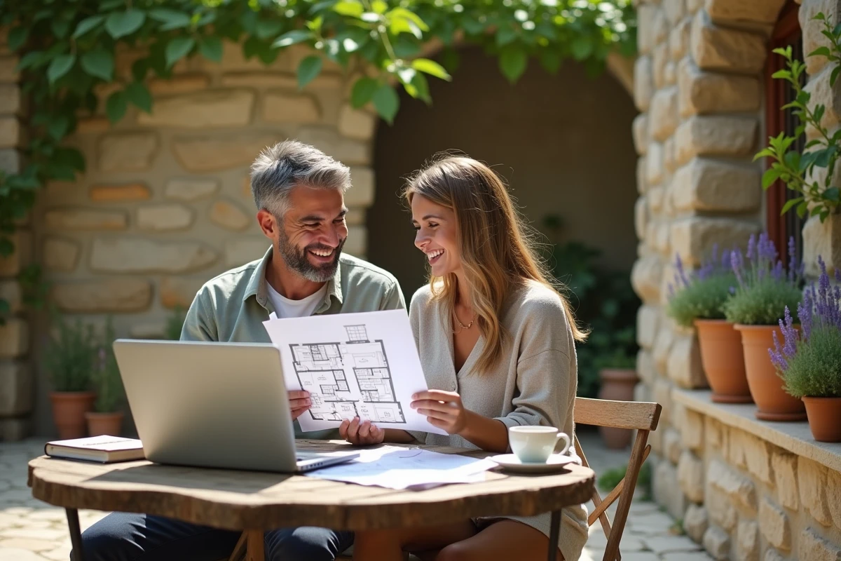 Couple consultant des plans de maison dans un jardin méditerranéen avant leur déménagement dans le sud