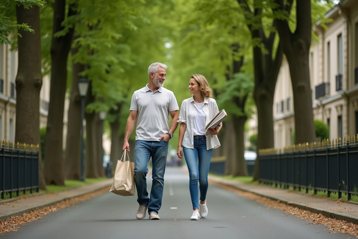 Couple se promenant dans une avenue résidentielle arborée de Maisons-Laffitte le week-end