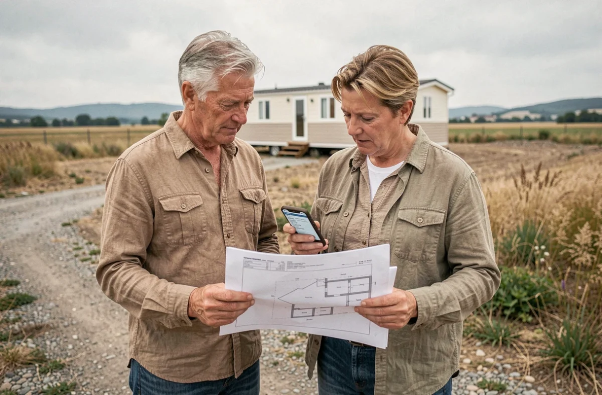 Couple de propriétaires examinant des plans et réglementations sur un terrain non constructible avec un mobil-home en arrière-plan