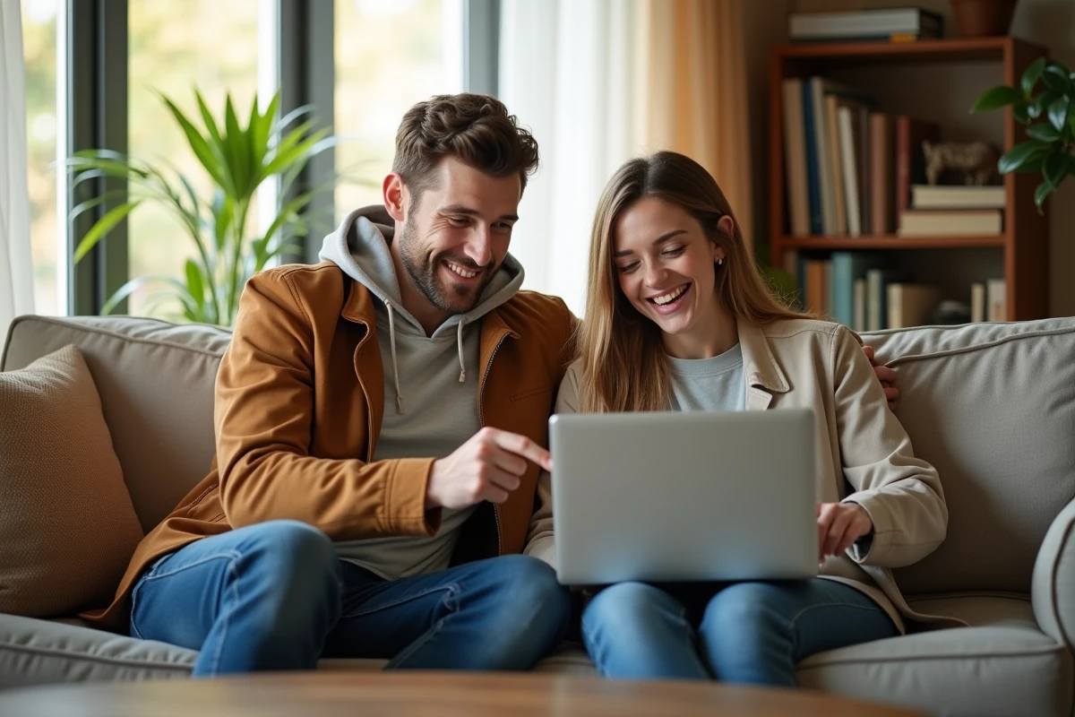 Couple cherchant une agence FNAIM de confiance sur un site immobilier depuis chez eux