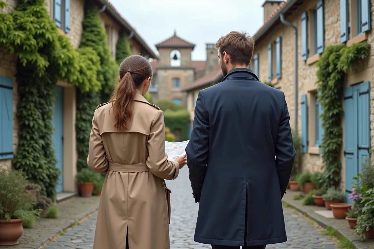 Couple de citadins explorant les rues d'un village du Gers pour louer une maison avec jardin auprès d'un particulier