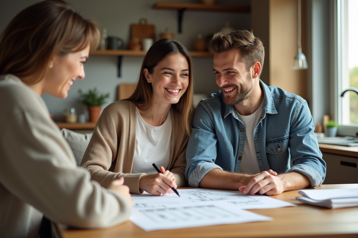 Jeune couple discutant de projets de rénovation dans la cuisine