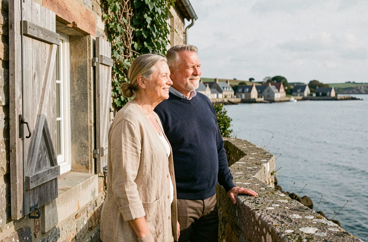 Couple de retraités profitant d'une maison de pêcheur rénovée en Bretagne avec vue sur la mer