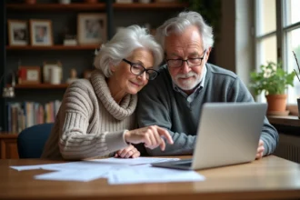Couple de retraités consultant une simulation de viager sur ordinateur portable à domicile