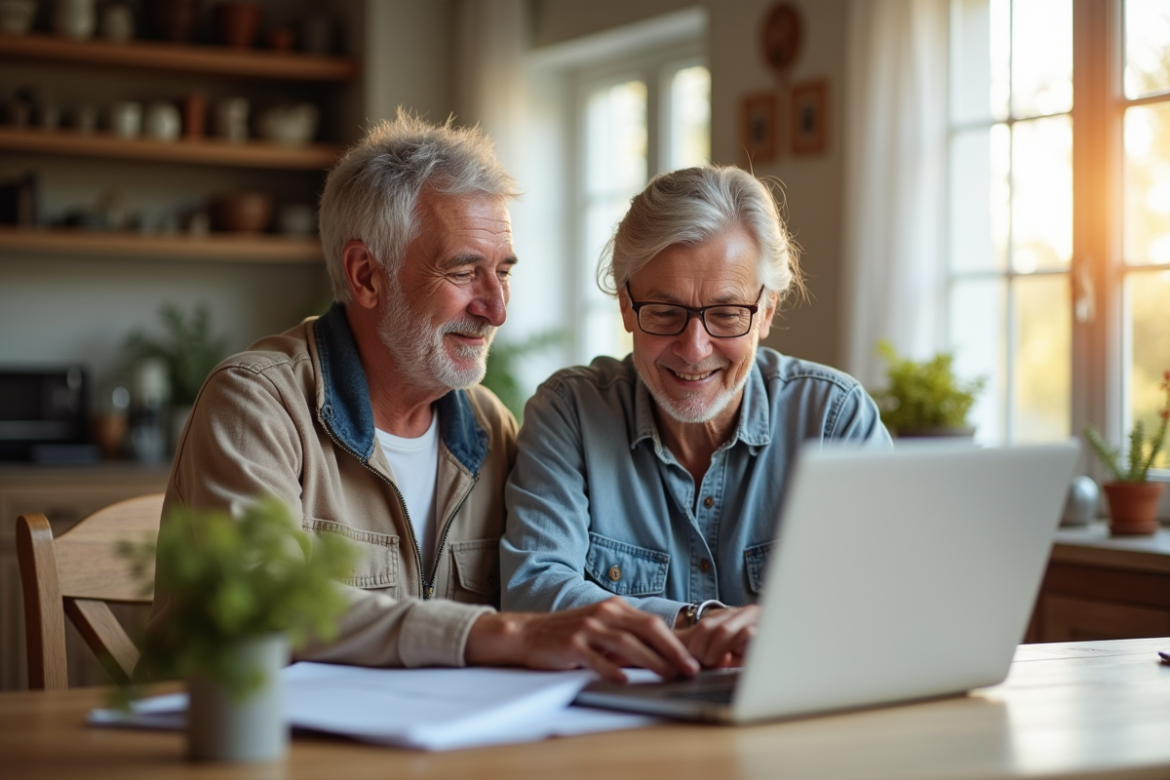 Couple souriant revoyant documents d'impots à la maison