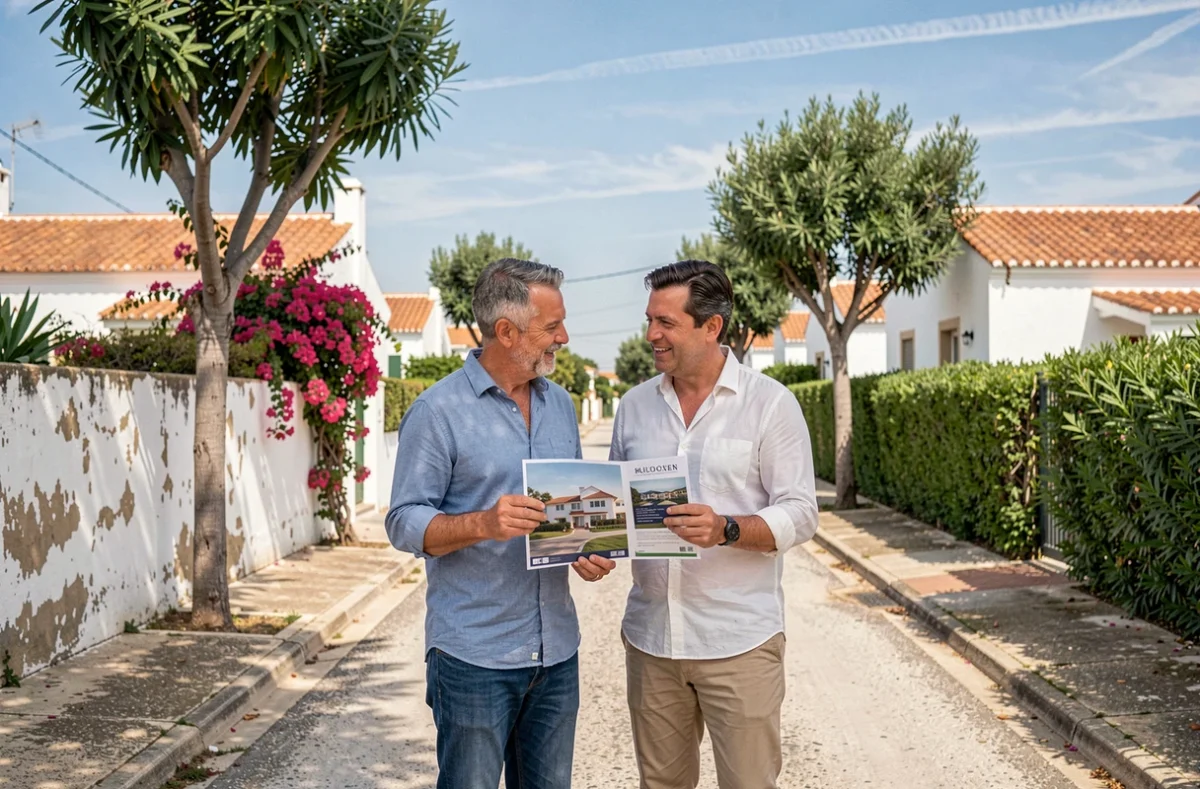 Couple visitant un quartier résidentiel au Portugal pour un projet de séjour longue durée