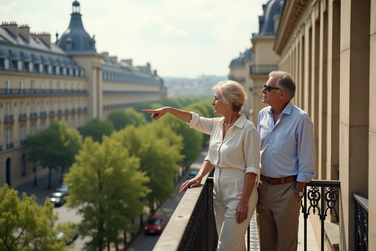Couple de seniors propriétaires sur le balcon d'un immeuble haussmannien parisien dans le cadre d'une vente en viager libre