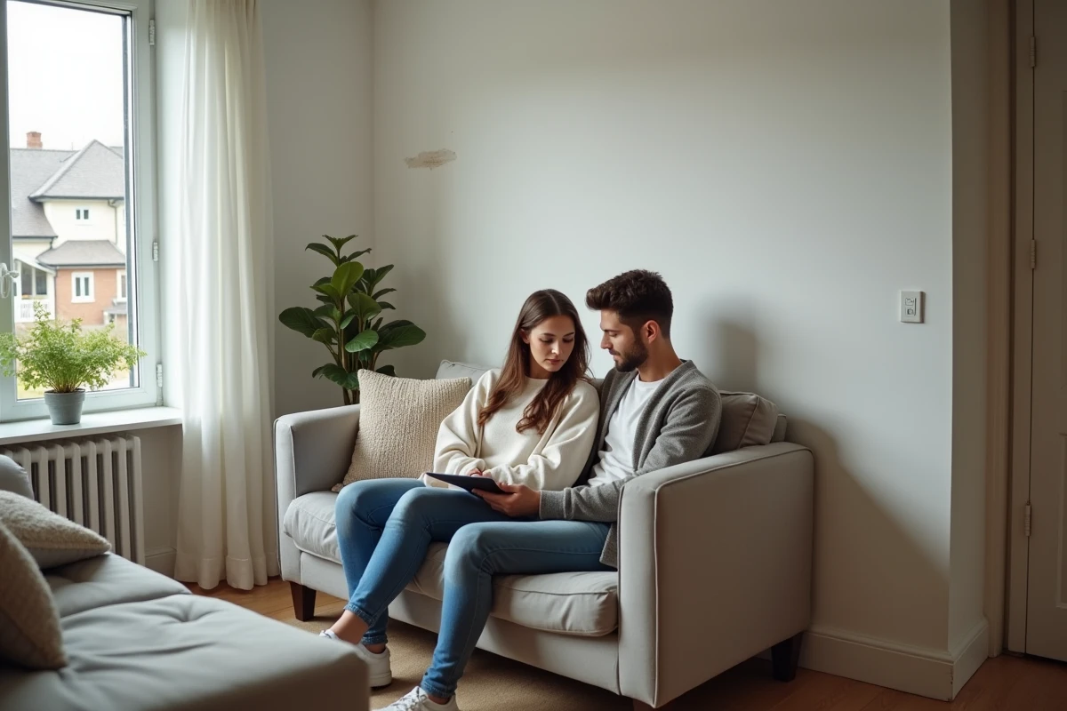 Jeune couple examinant un défaut sur un mur peint