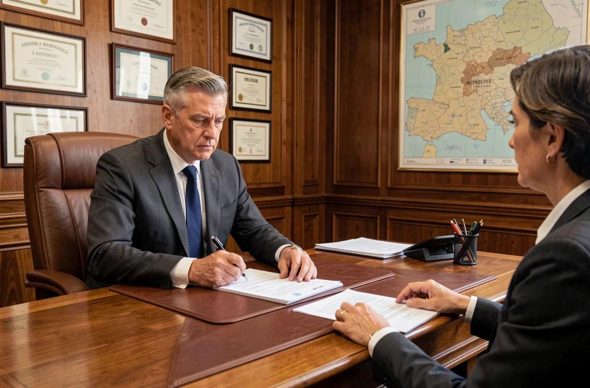 Courtier Crédit du Rhône finalisant un dossier de prêt immobilier dans un bureau formel à Lyon