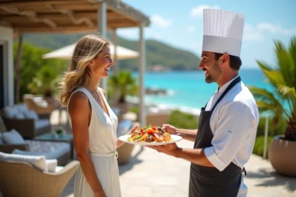 Femme souriante avec chef privé dégustant fruits de mer sur terrasse