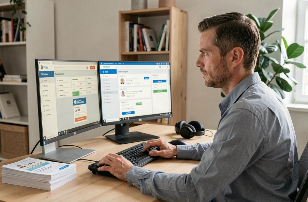 Conseiller CyberPrêt travaillant sur des simulations de prêt immobilier en ligne depuis son bureau
