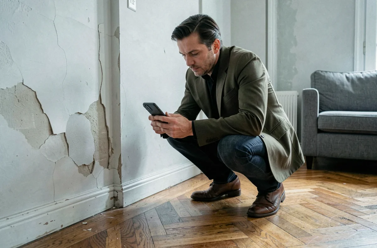 Propriétaire photographiant des dégâts des eaux dans son appartement pour une déclaration de sinistre