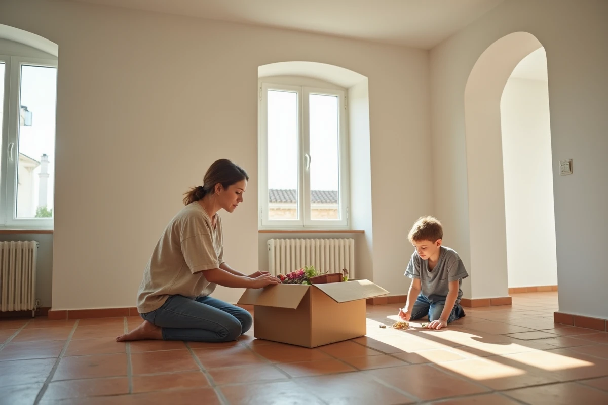 Mère et enfant déballant des cartons dans une maison provençale aux carrelages en terre cuite