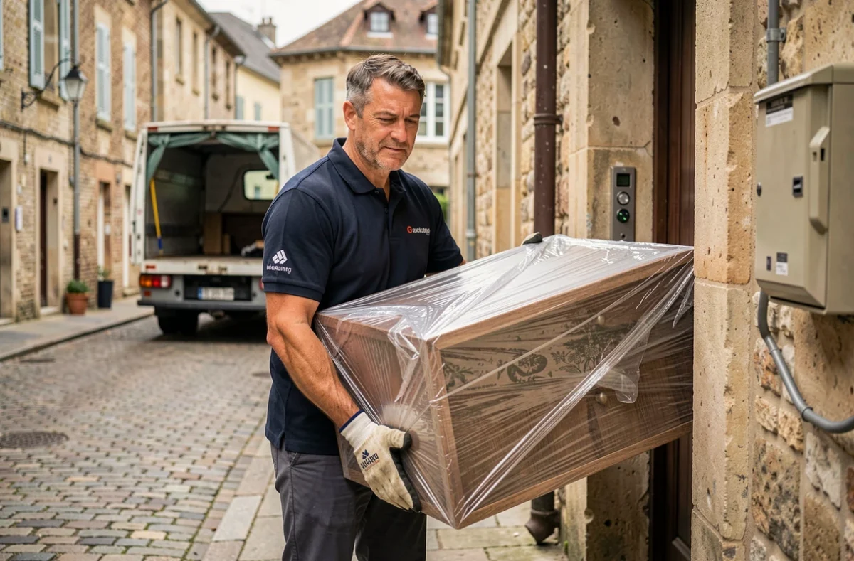 Déménageur professionnel portant un meuble emballé devant un immeuble en pierre dans une ville de Bourgogne