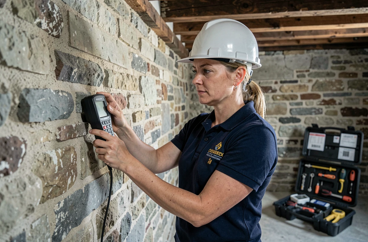 Diagnostiqueur immobilier certifiée mesurant l'humidité d'un mur en pierre dans une cave de maison ancienne