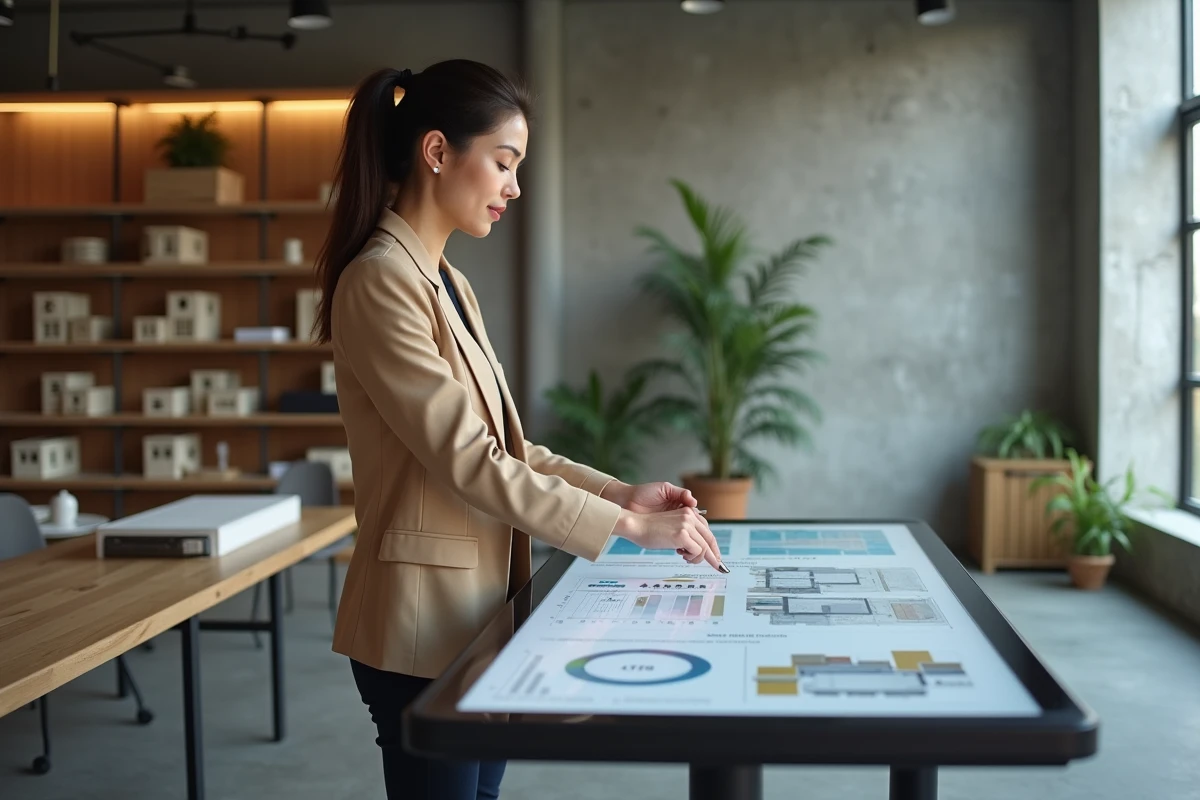 Directrice de projet immobilier interagissant avec un tableau de bord logiciel sur table tactile dans une agence immobilière moderne
